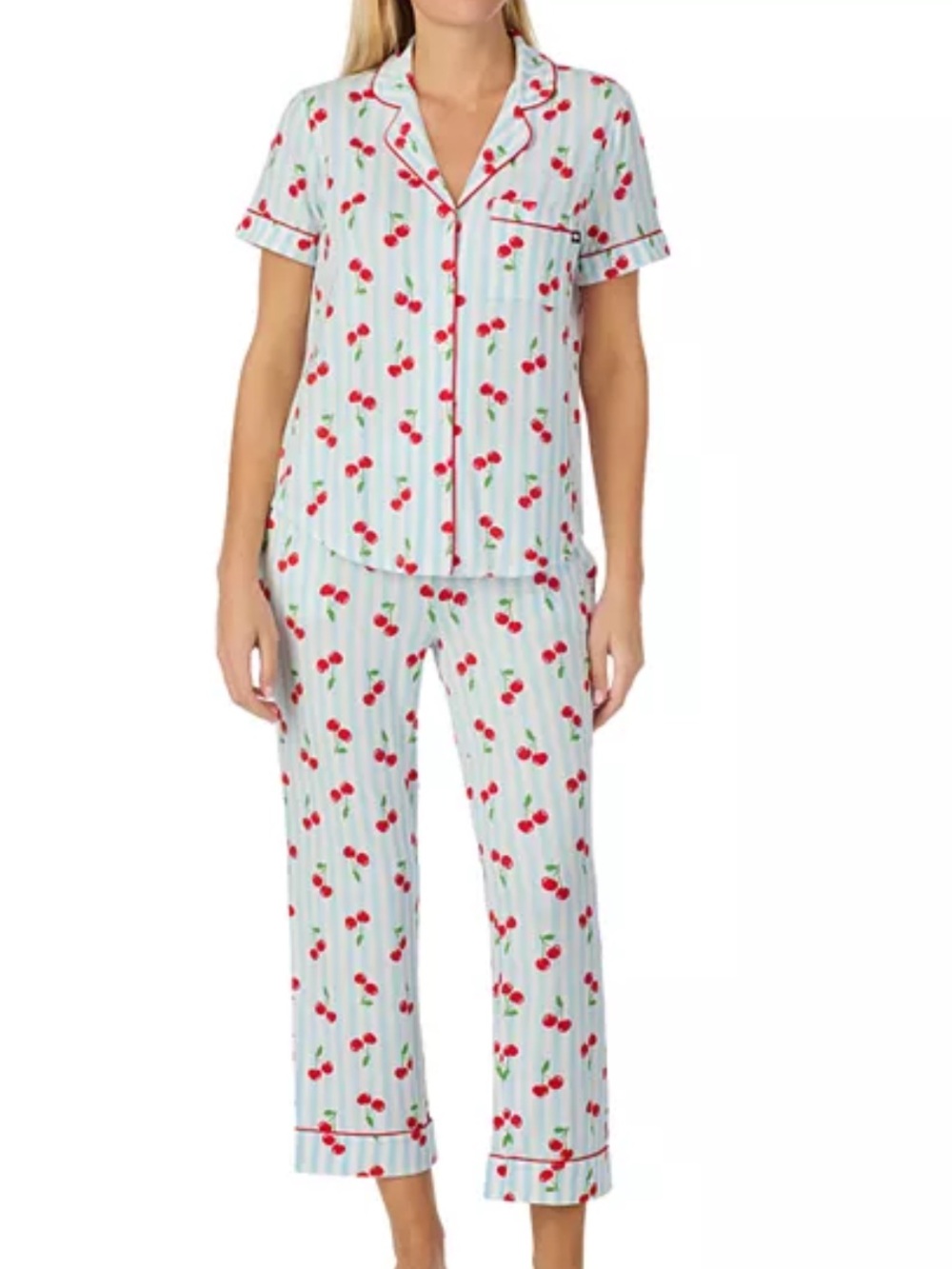 Kate Spade Women’s 2 Piece Pajamas PJ Set Blue Stripe With Cherries Medium M